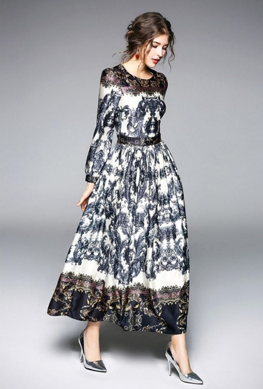 Tribal Print O-Neck with Puff Sleeves Women Dress - S - Shopaholics