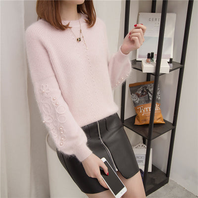 Faux Fur Embellished Cuff Jumper for Women - Pink / Regular - Shopaholics