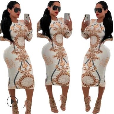 Long Sleeve Geometric Print Vintage Dress - style1 / S - Shopaholics