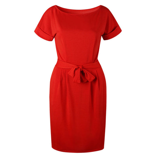 Women Casual Solid O-Neck Straight Dress - 0789 Red / M - Shopaholics