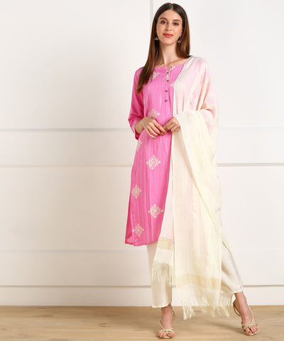 Chanderi Silk Printed Kurti Pant Dupatta Set For Women - M / Pink - Shopaholics