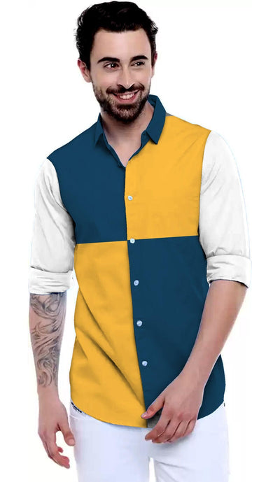 Cotton Color Block Regular Fit Full Sleeves Shirt For Men - XL / Blue-Yellow - Shopaholics