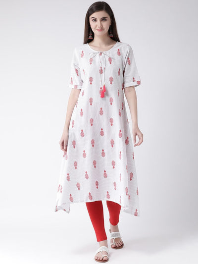 Elegant Printed Cotton A-Line Kurti For Women - XS / White-Red - Shopaholics