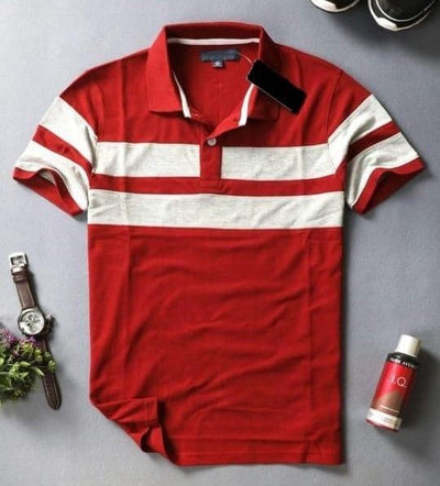 Glito Cotton Stripes Half Sleeves Mens Polo Neck T-Shirt - S - Shopaholics