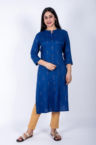 Stunning Printed Cotton Calf Length Kurti For Women - S-36 / Blue - Shopaholics