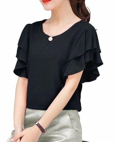 Women's Georgette Solid Ruffle Sleeve Neck Button Top - Shopaholics
