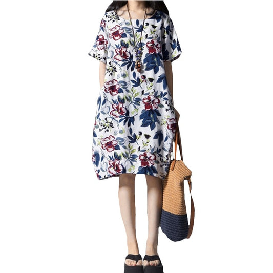 Women Vintage Floral Print Cotton Midi Dress - Multi / M - Shopaholics