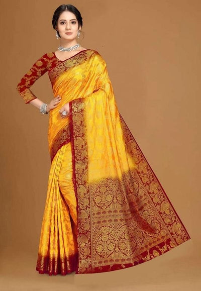 Designer Jacquard Weaving Silk Saree With Blouse For Women - Free / Yellow - Shopaholics
