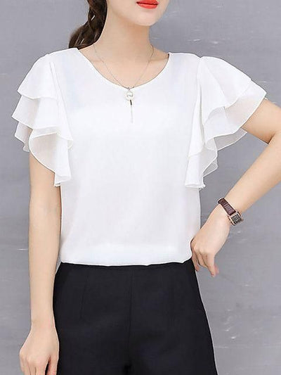 Georgette Solid Ruffle Sleeve Top For Women - S - Shopaholics