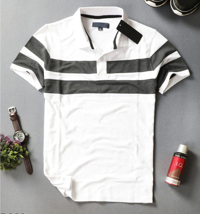 Glito Cotton Stripes Half Sleeves Mens Polo Neck T-Shirt - S - Shopaholics