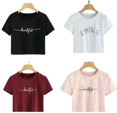 Women's Cotton Typography Print Crop T-Shirt Pack of 4 - Shopaholics
