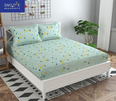 Printed King Size Bedsheet Snooze Elastic Fitted - Green / Cotton / Printed - Shopaholics