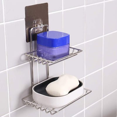 Soap Dish Holder-Wall Mounted Double Layered Stainless Steel Soaps Storage Rack with Hook - Shopaholics