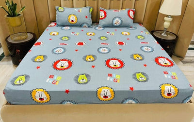 Cartoon Printed Fitted With Elastic Double Bedsheet - 90" X 100" Inch / Grey - Shopaholics