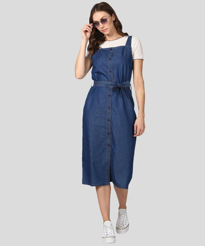Navy Blue Denim Dress With Straps For Women - Shopaholics