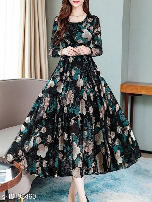 Crepe Floral Drop Waist Dress For Women - S - Shopaholics