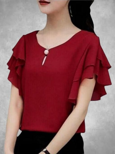 Ruffle Sleeve Georgette Solid Neck Button Top For Women - S / Maroon / Georgette - Shopaholics