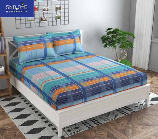 Snooze Elastic Fitted Printed King Size Bedsheet - Printed / Blue / Cotton - Shopaholics