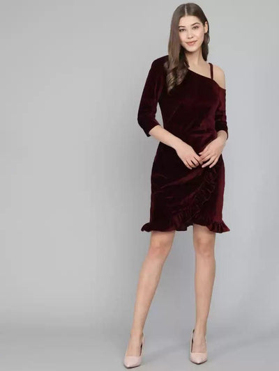Women's Velvet Solid Ruffle Short Dress - Shopaholics