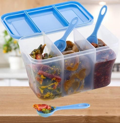 3 Partition Plastic Transparent Container With Spoon For Kitchen - 750 Ml / Blue - Shopaholics