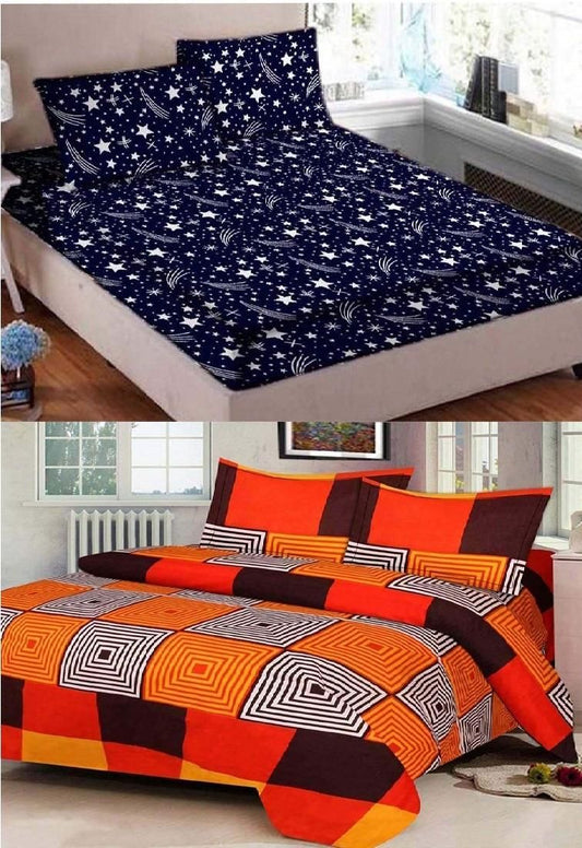 Floral And Abstract Printed PolyCotton Double Bedsheets Combo Set - Orange-Blue - Shopaholics