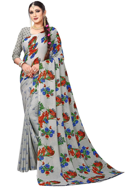 Floral Printed Georgette Saree With Blouse For Women - Free Size - Shopaholics