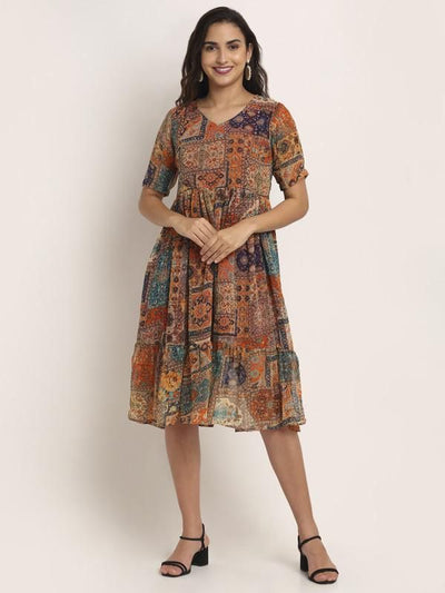 Aawari Rayon A-Line Printed Short Dress For Women - S / Multicolor - Shopaholics