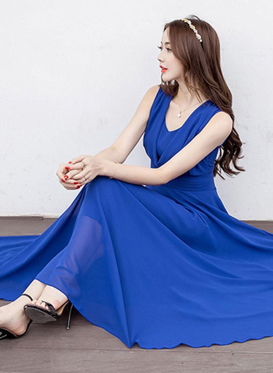 Women's Royal Blue V-Neck Georgette Solid Maxi Dress - L-40 - Shopaholics