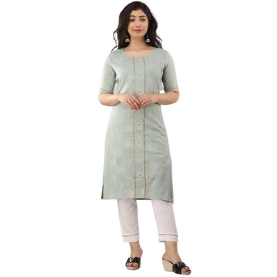 A-Line Printed Kurti With Pant For Women - M / Beige-White - Shopaholics