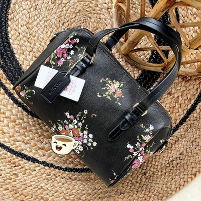 Adjustable Flower Speedy Leather Handbag For Women - Black - Shopaholics