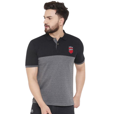 Grey Slim Fit Polo Collar T-Shirt For Men - Black-Grey / S-38 - Shopaholics