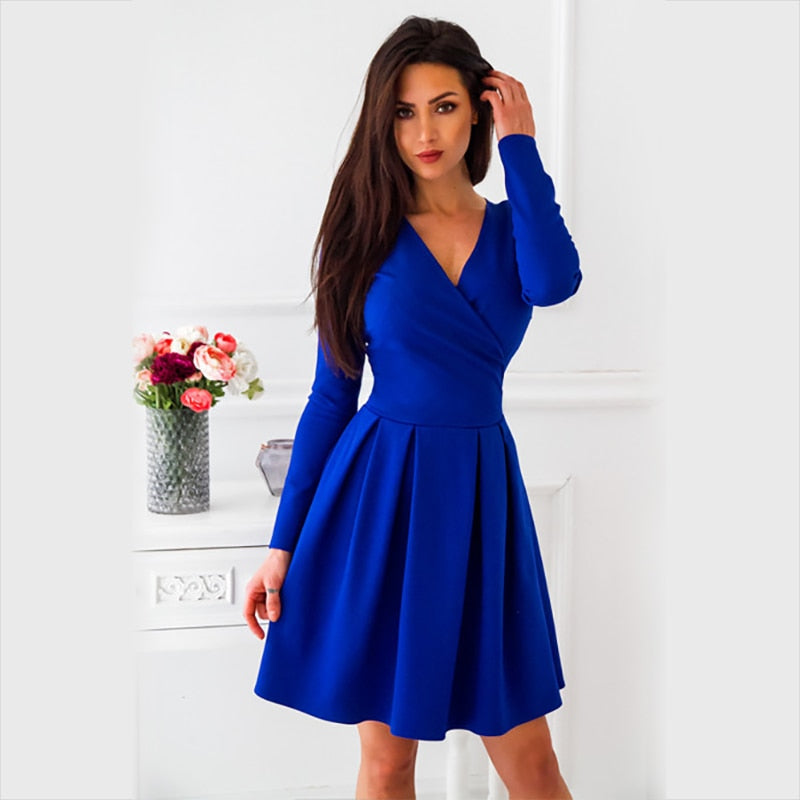 Women Long Sleeve A-Line Dress - Blue / L - Shopaholics