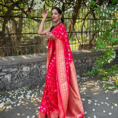 Banarasi Silk Zari Work Saree With Blouse For Women - Light Pink - Shopaholics
