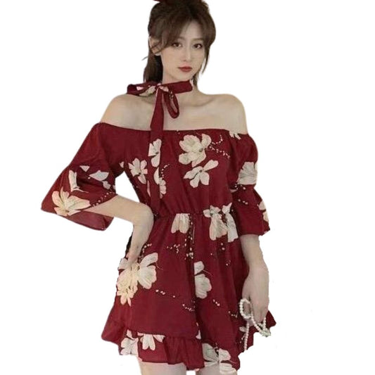Beautiful Floral Flare Short Jumpsuit Midi Dress For Women - 34 / Red - Shopaholics