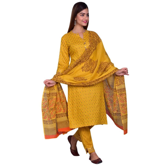 Beautiful Rayon Printed Kurti Palazzo With Dupatta For Women - M / Yellow - Shopaholics