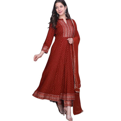 Beautifull Anarkali Kurti Pant With Dupatta For Women - M / Red - Shopaholics