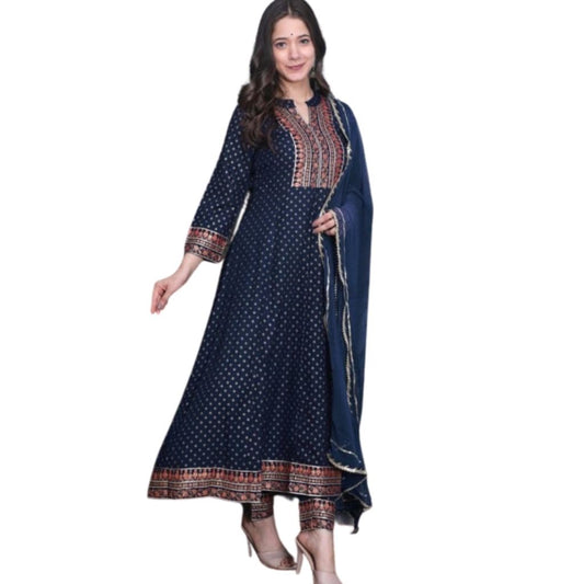 Beautifull Anarkali Kurti Pant With Dupatta For Women - M / Blue - Shopaholics