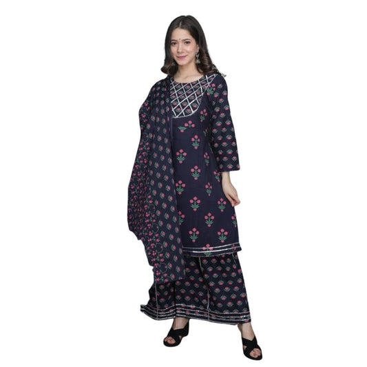 Beautifull Cotton Kurti Sharara With Dupatta For Women - M / Navy-Blue - Shopaholics