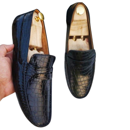 Black Texture Square Toe Leather Loafers Shoes For Men - Shopaholics