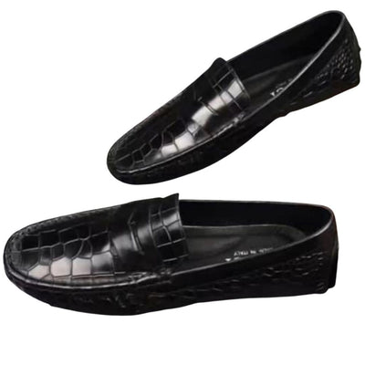 Black Texture Square Toe Leather Loafers Shoes For Men - 6 / Black - Shopaholics
