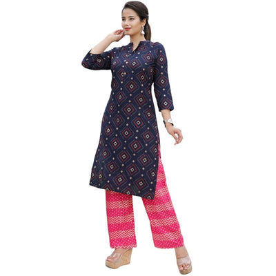 Blue And Pink Printed Kurti With Plazzo For Women - M / Blue-Pink - Shopaholics