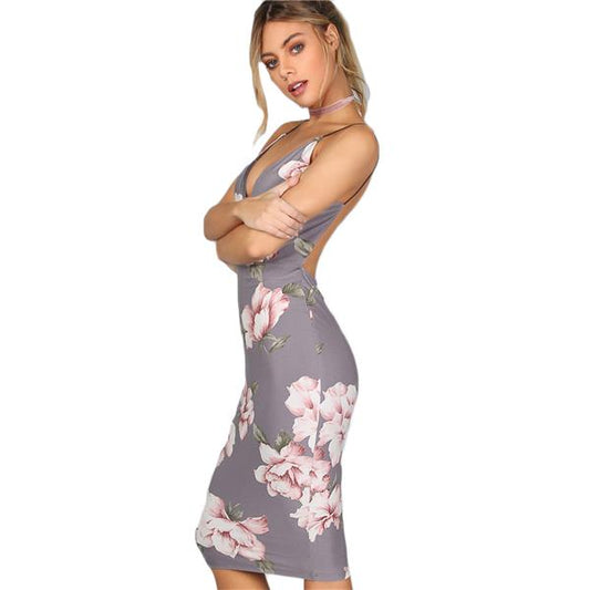Party Dress Women Grey Floral Backless - gray / S - Shopaholics