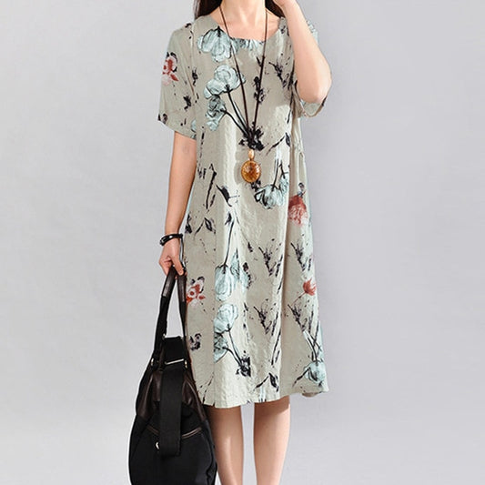 Women Vintage Floral Linen Dress - Beige / S - Shopaholics