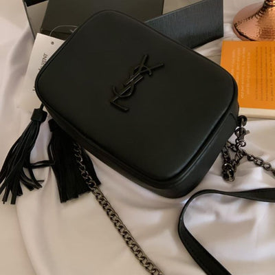 Chain Black Leather Crossbody Handbag For Women - Black - Shopaholics