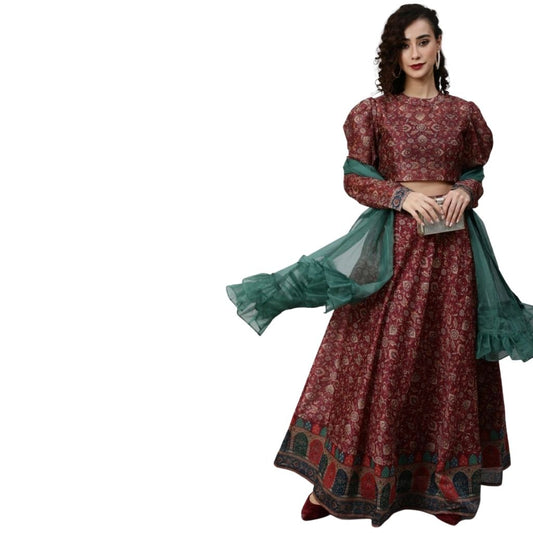 Chanderi Printed Lehenga Choli With Dupatta For Women - Burgundy / S-36 - Shopaholics