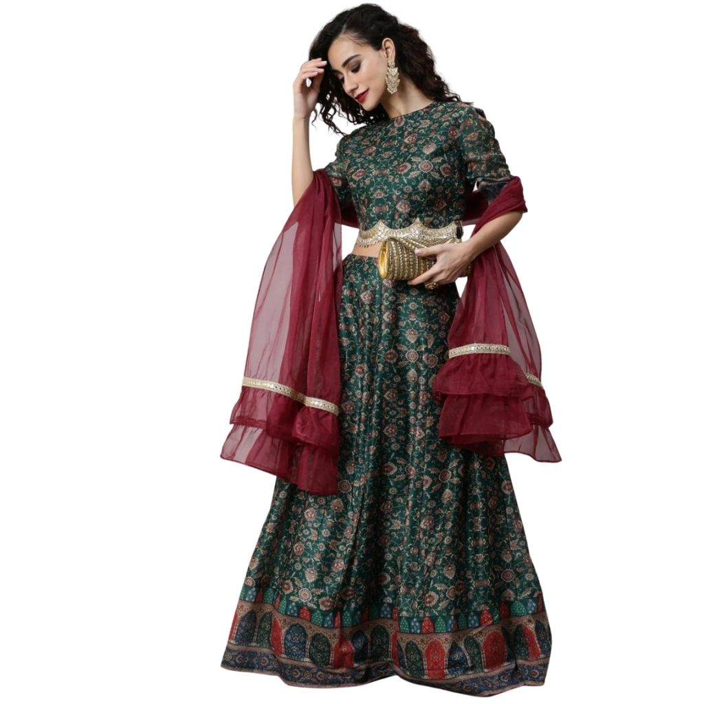 Chanderi Printed Lehenga Choli With Ruffle Dupatta For Women - Green / S-36 - Shopaholics