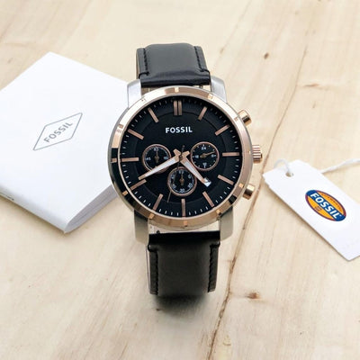 Chronograph Black Leather Wrist Watch For Men - Black - Shopaholics