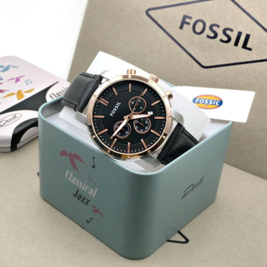 Chronograph Black Leather Wrist Watch For Men - Shopaholics