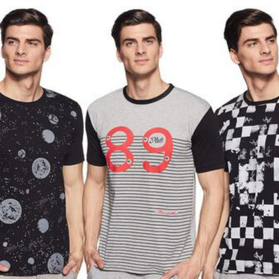 Classic Printed Blend Cotton Set Of 3 T-Shirt For Men - Grey / S - Shopaholics