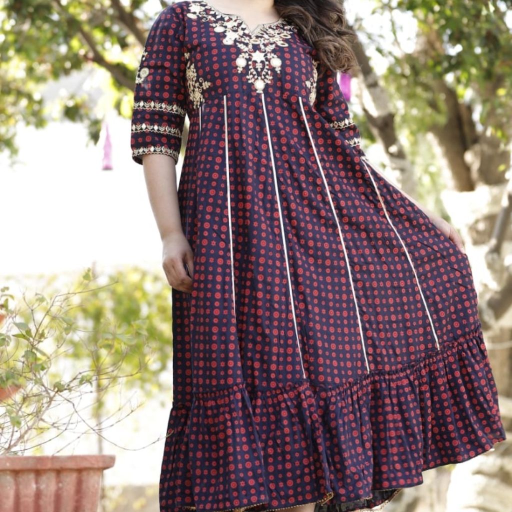 Classy Embroidered Gown With Side Dori For Women - 42 / Red-Blue - Shopaholics